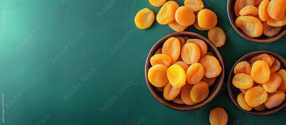 Poster dried sweet apricots in brown bowls on green textured table with scattered apricots and ample copy s