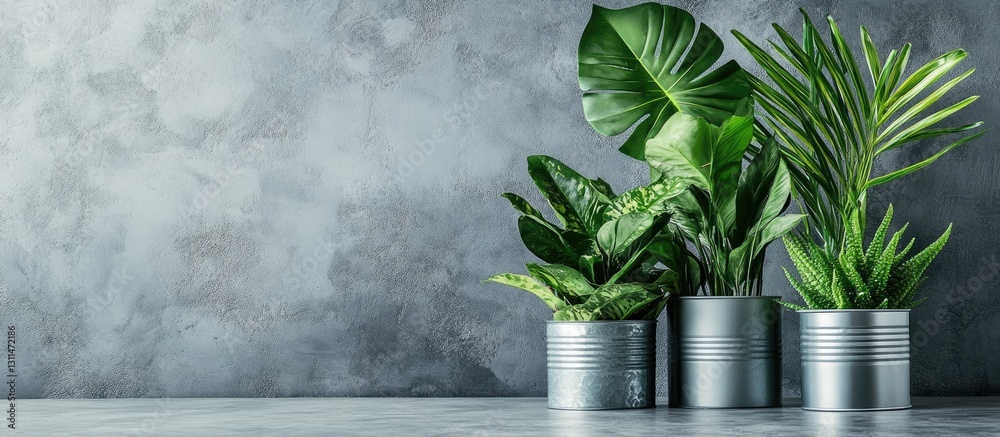 Poster Lush green houseplants in silver tin cans arranged on a textured grey stone table with ample negative space for text placement.