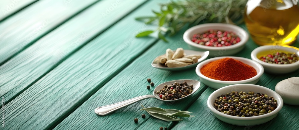 Poster close-up of assorted spices in white bowls and silver spoons arranged on a green wooden table with o