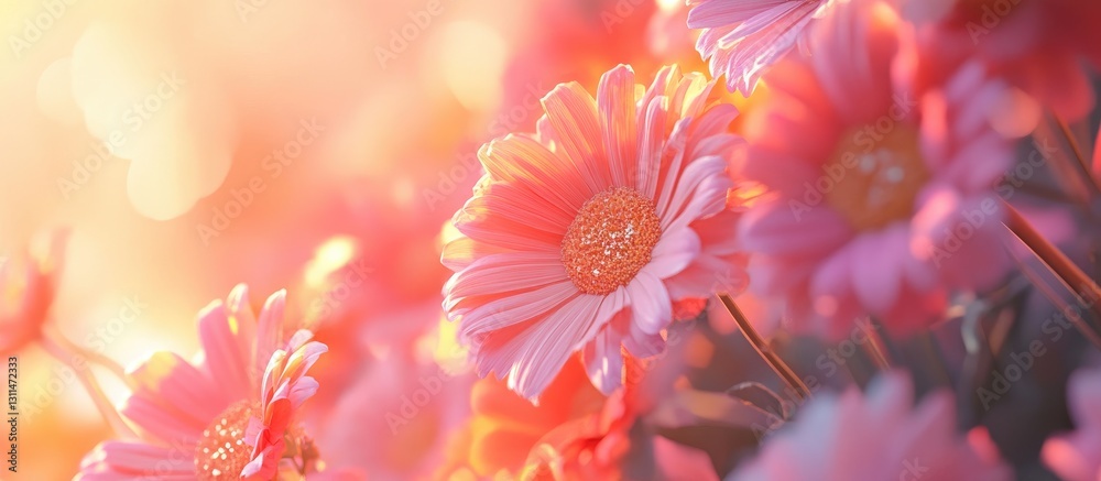 Poster soft pink daisies bask in golden sunlight with a dreamy bokeh background, creating a warm and inviti