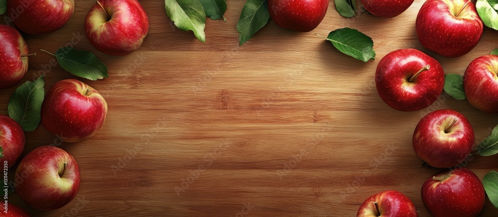 Poster red apples with green leaves arranged on a wooden board framed by negative space for autumn themes n