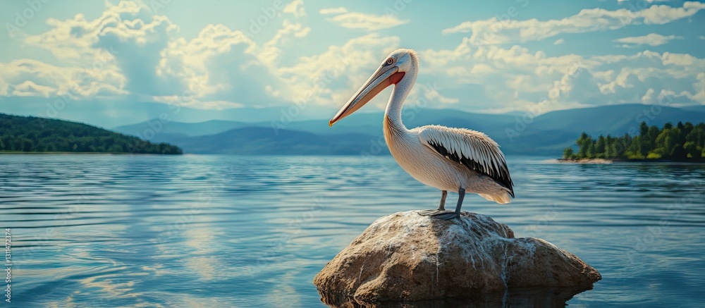 Poster pelican with white feathers and black wing markings standing atop a large rock in serene lake water 
