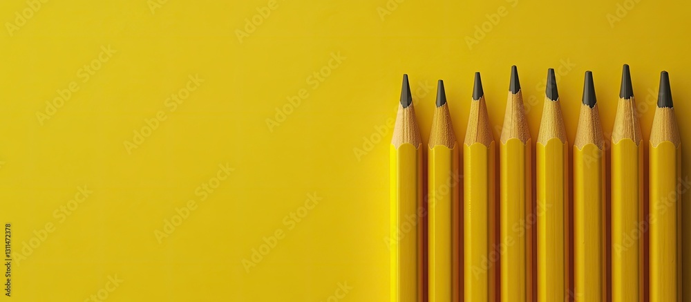 Poster yellow pencils arranged in a straight line against a vibrant yellow background with a smooth texture