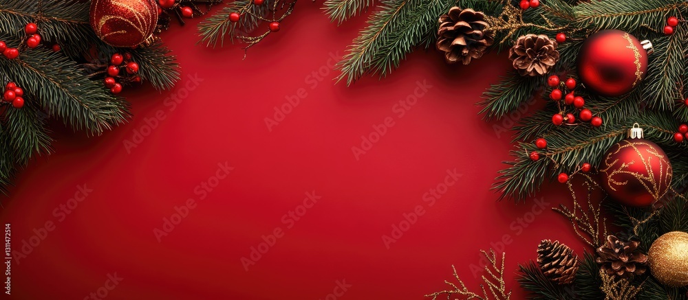 Poster Rustic Christmas decor with green pine branches and ornaments nestled on a vibrant red background creating a festive flat lay holiday scene