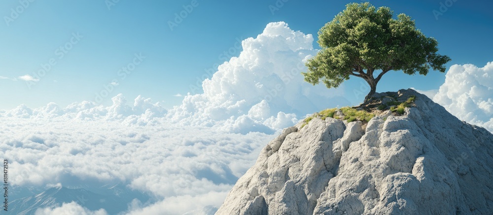 Poster lone green tree on a rugged rocky peak with bright white clouds and a vibrant blue sky creating sere