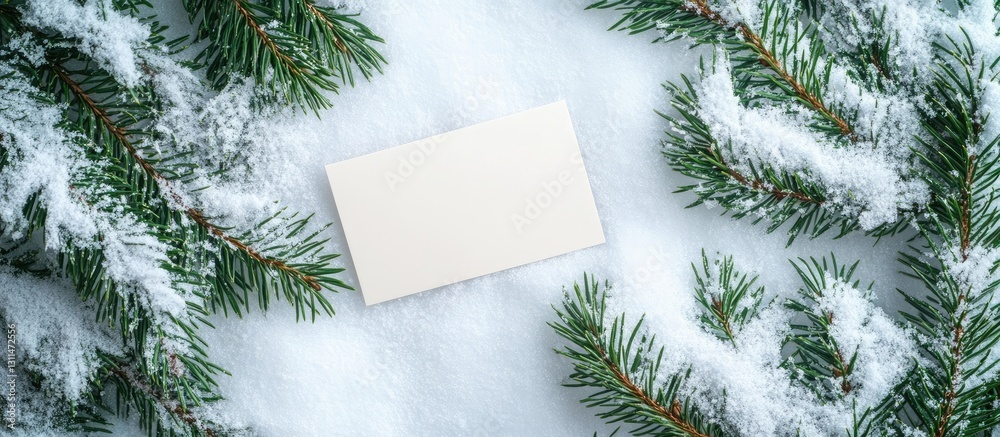 Poster flat lay of snow-covered pine branches framing an empty paper card on white snow, evoking a serene w