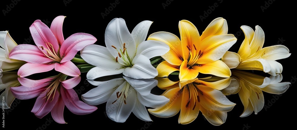 Aufkleber stunning close-up arrangement of white yellow and pink lilies on a black background with vibrant ref