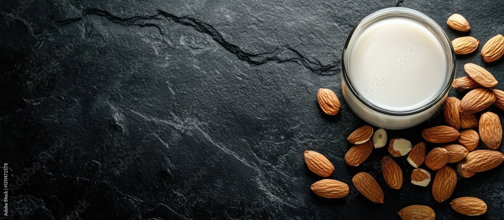 Aufkleber almond seeds scattered beside a small glass of milk on a textured black stone background with ample 