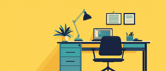 Productive home office setup with laptop, desk lamp, and ergonomic chair, remote work in action, side copy space-2