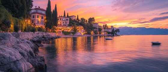 Naklejka premium Coastal Sunset Village at Dusk