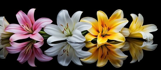 Fototapeta premium Stunning close-up arrangement of white yellow and pink lilies on a black background with vibrant reflections creating a serene floral display