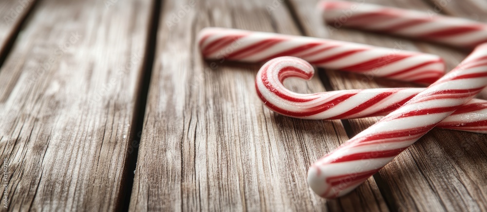 Poster Christmas candy canes with red and white stripes scattered on a rustic wooden background creating a festive atmosphere with ample copyspace.