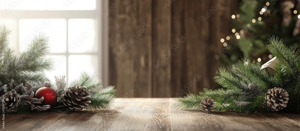 Poster rustic wooden table with christmas tree branches and ornaments in red and pinecones on edges, blurre