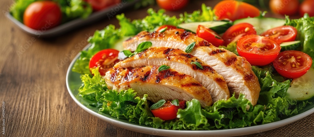 Poster grilled chicken breast slices topped with cherry tomatoes and fresh green lettuce on a white plate w