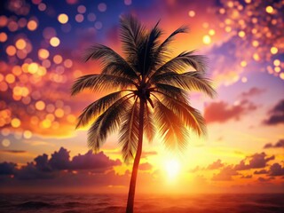 Obraz premium Vibrant sunset bokeh illuminates tropical palm leaves, evoking island relaxation and summer vacations.