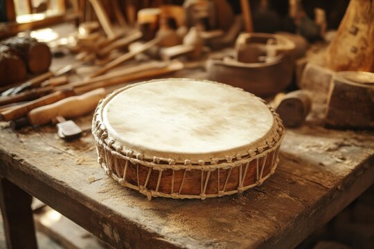 Traditional handcrafted drum on rustic carpenter's workbench
