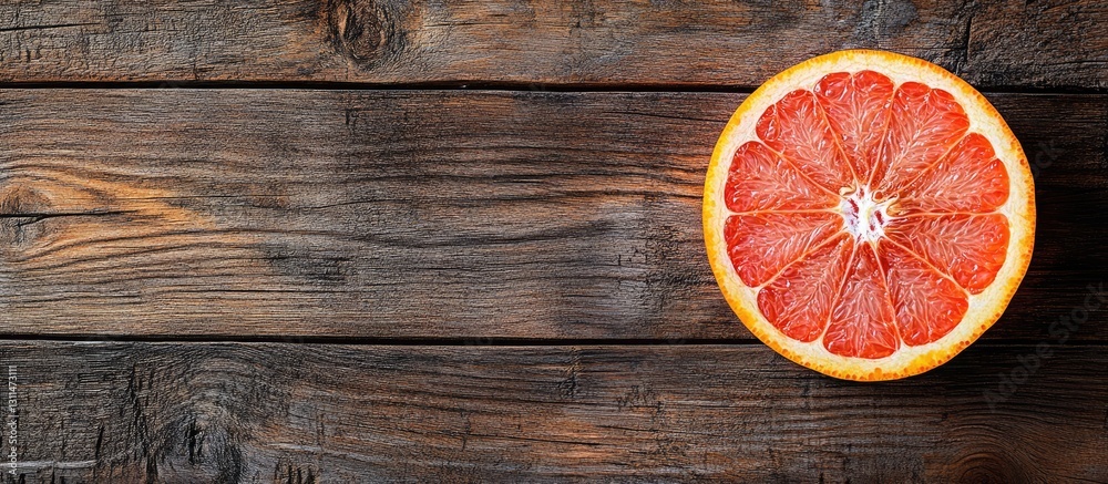 Poster bright red grapefruit slice centered on rustic wooden surface, showcasing juicy segments and vibrant