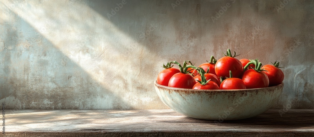 Fototapete fresh red tomatoes in a rustic bowl positioned on a weathered wooden table with soft sunlight illumi