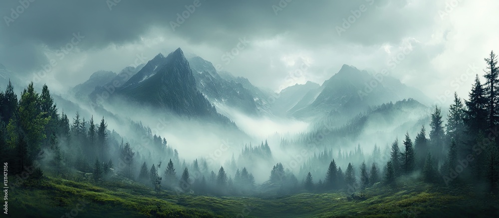 Poster misty mountain landscape with dark green forest in foreground and soft gray misty peaks disappearing