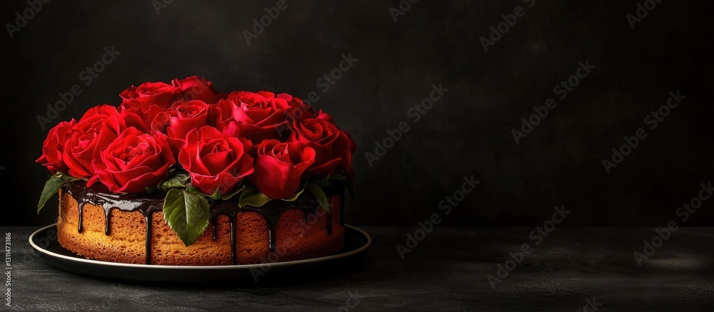 Poster elegant birthday cake decorated with vibrant red roses positioned on top against a dark textured bac