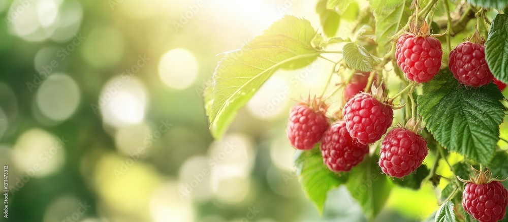 Aufkleber Vibrant close-up of ripe red raspberries on green bush with sunlight glowing in the background creating a bokeh effect and space for text.