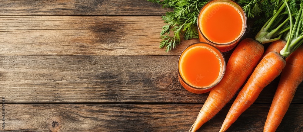 Poster freshly squeezed carrot juice in clear glasses on a rustic wooden surface with vibrant orange juice 