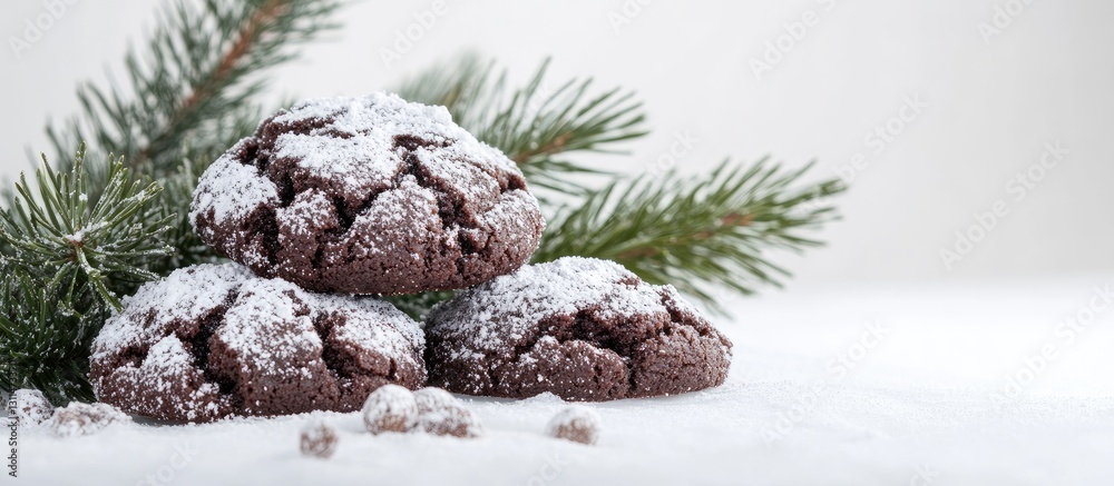 Poster Chocolate crinkle cookies dusted with powdered sugar arranged on white background with evergreen fir branches in foreground creating festive ambiance