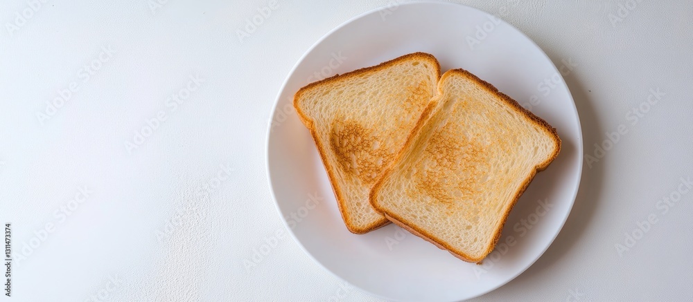Poster toasted bread slices on a white plate centered on a bright white table surface viewed from above sho