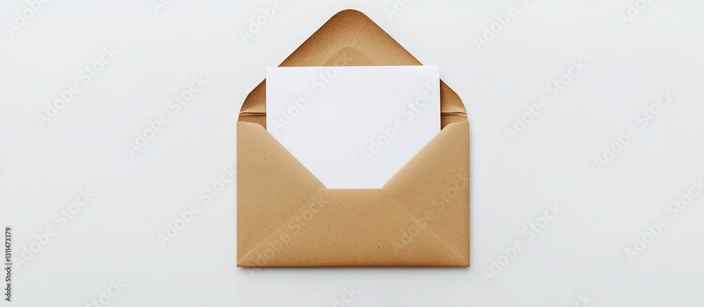 Aufkleber Horizontal blank greeting card mockup on a closed brown paper envelope positioned at center against a light grey background.