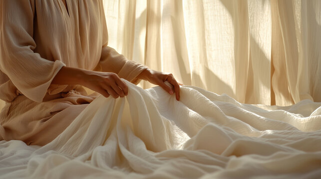 Cozy bedroom scene with a woman adjusting a blanket in soft pajamas