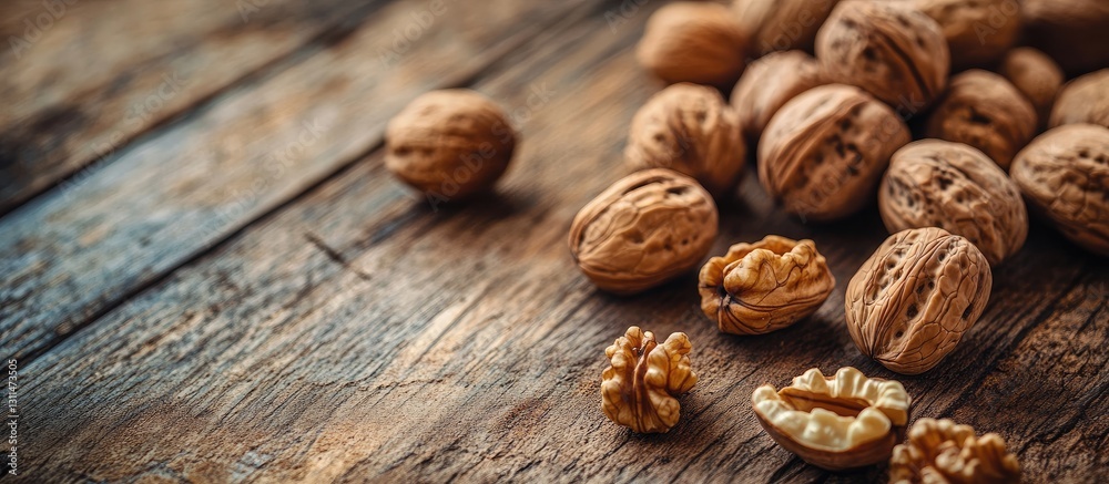 Poster Close up of scattered walnuts on a rustic wooden surface with distinct textures showcasing their brown shells and creamy interior halves on the left.
