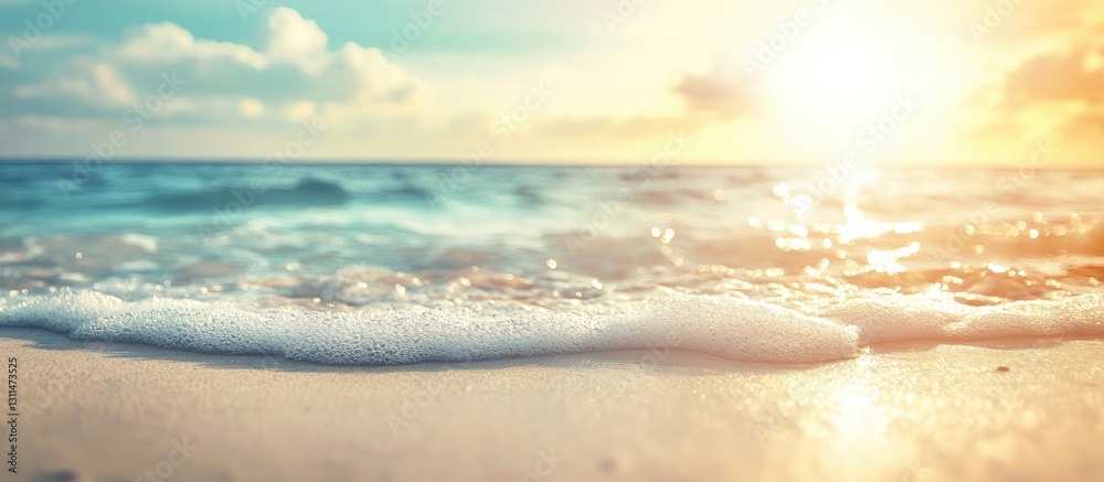 Aufkleber tropical beach scene with soft golden sunlight casting bokeh on gentle waves and sandy shore in vint