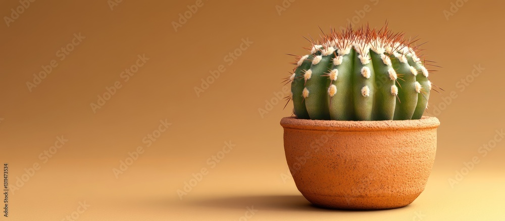 Poster Astrophytum asterias cactus in a textured clay pot positioned on the right against a warm beige background with soft shadows and highlights.