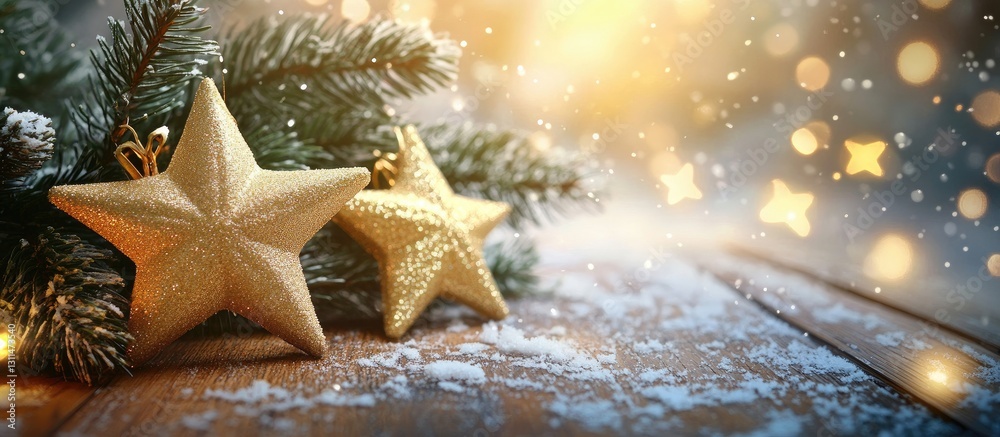 Poster sparkling gold christmas stars placed on a wooden surface surrounded by lush fir branches with a war