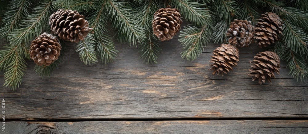 Poster spruce branches with cones arranged on a rustic wooden background featuring dark brown and green ton