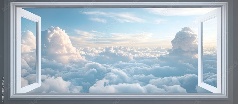 Poster Aerial view of soft white clouds against a blue sky framed by an open window with elegant white trim creating depth and tranquility.