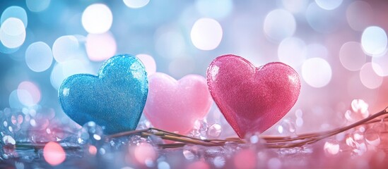Fototapeta premium Colorful heart-shaped decorations in pink, blue, and pastel tones arranged on a shimmering circular bokeh background creating a romantic atmosphere.