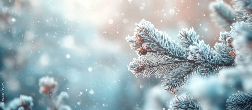Aufkleber frost-covered pine branch with soft blurred snowfall background shades of blue and white ideal for w
