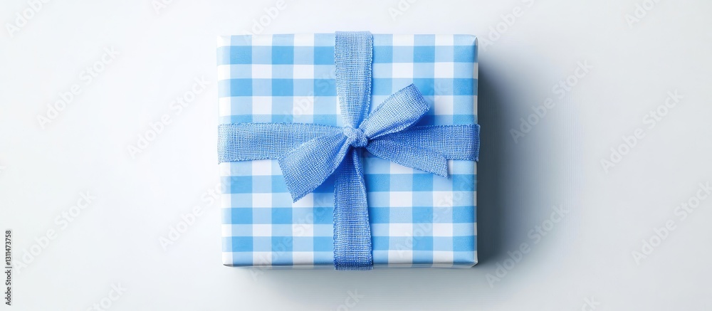 Poster blue checkered gift box with a light blue ribbon on a white background top view showcasing a clean d