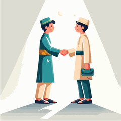 A minimalist flat design of two friends exchanging Eid greetings with a handshake, wearing traditional clothes, with soft shadows on a white background