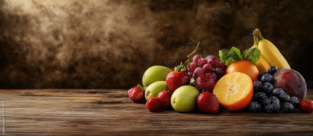 Poster assorted fresh fruits including bananas grapes and berries arranged on a wooden table with a dark te