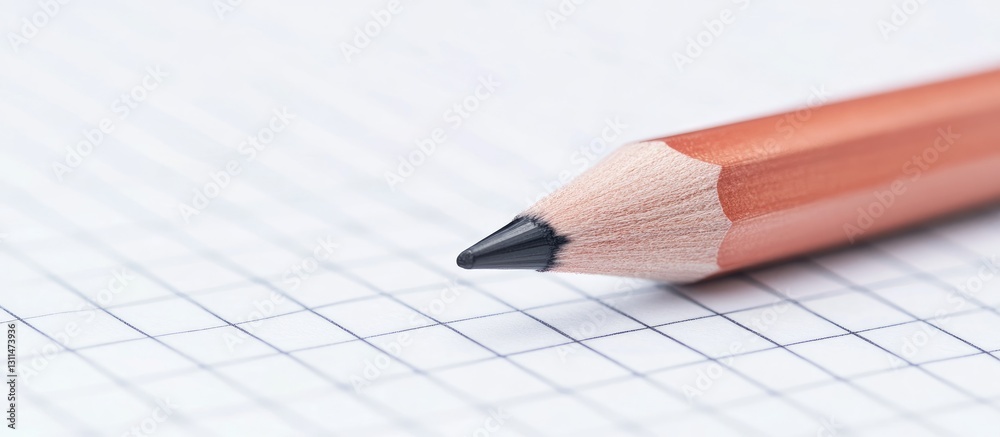 Poster Close-up of a sharpened orange pencil resting diagonally on a white grid notebook page showcasing soft gray lines and ample blank space.