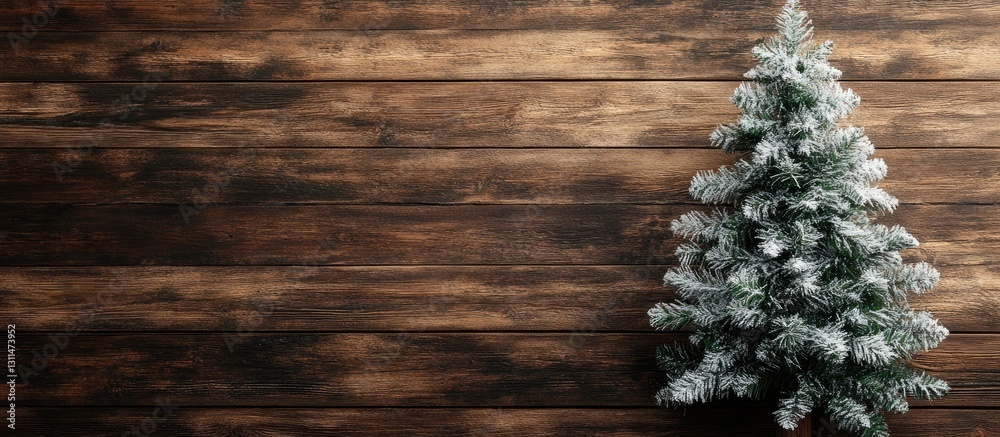 Poster Frosted Christmas fir tree positioned on the left side of a rustic wooden background with ample copy space on the right for seasonal designs