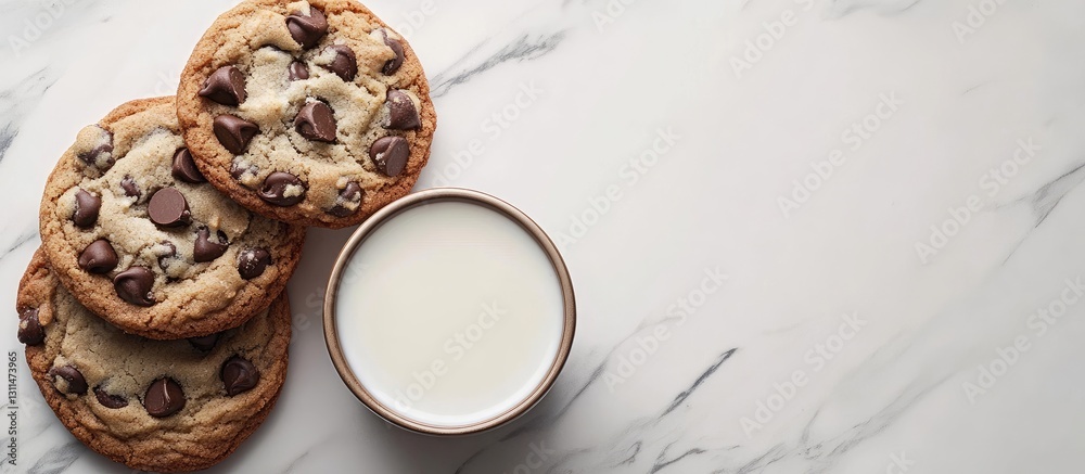 Aufkleber delicious chocolate chip cookies with melted chocolate chunks beside a round bowl of milk on a light