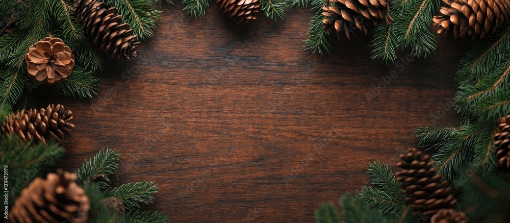 Aufkleber aerial view of a rustic wooden background framed with vibrant green fir branches and brown pine cone