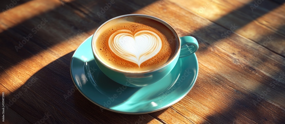 Poster cappuccino with heart latte art in a turquoise cup atop a wooden table with warm tones and natural l