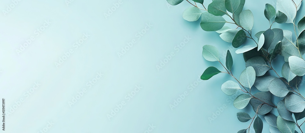 Aufkleber Eucalyptus branch on light blue background top view minimalism design with space for text ideal for eco-friendly cosmetics and wellness products