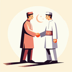 A minimalist flat design of two friends exchanging Eid greetings with a handshake, wearing traditional clothes, with soft shadows on a white background