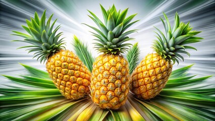 White background showcases long-exposure vibrant yellow pineapples, their green leaves adding lush contrast.