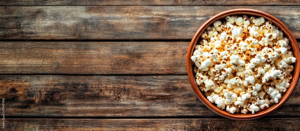 Poster bowl of freshly popped popcorn on a rustic wooden background with a warm brown tone top view featuri